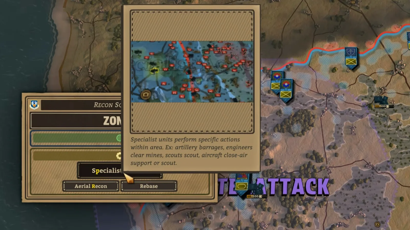 Меню разведывательной эскадрильи Battleplan показывает отдельные действия Aerial Recon и Rebase рядом с линией фронта.