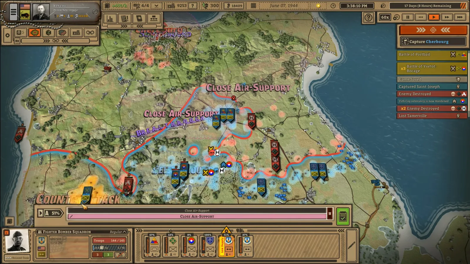У истребительно-бомбардировочной эскадрильи Battleplan виден жёлтый сигнал Low Supplies, а на карте остаются приказы Close Air Support.