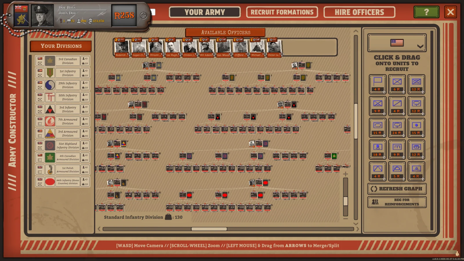 Battleplan Army Constructor showing divisions, officer portraits, and the branching formation hierarchy in the Your Army tab.