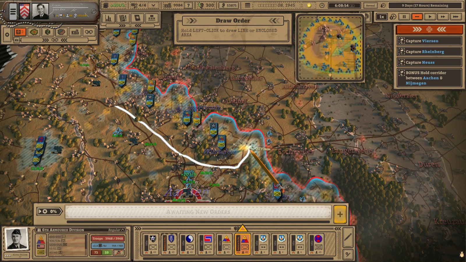 Battleplan Draw Order screen showing a white route crossing the front line and a selected formation order bar.