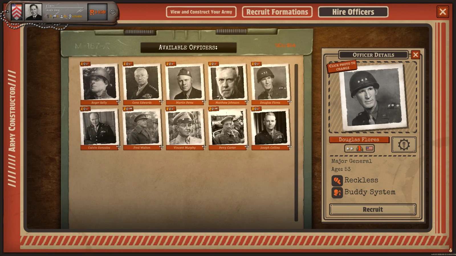 Battleplan Hire Officers screen displaying available officer portraits, an Officer Details panel, and the Recruit button.
