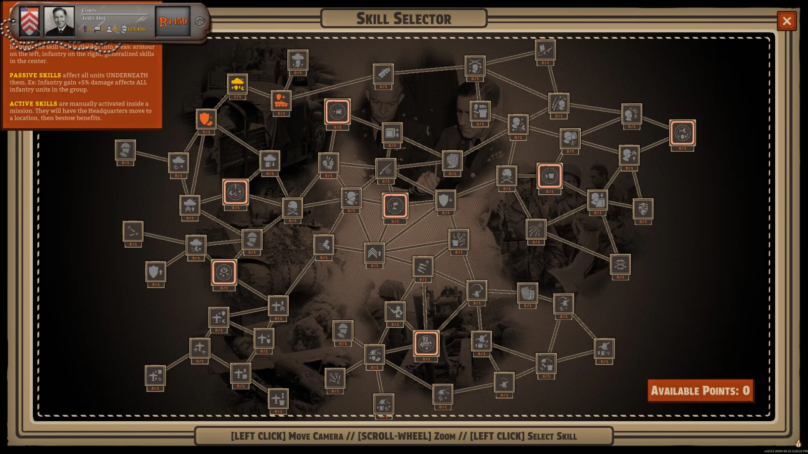 Battleplan Skill Selector displaying connected officer skill nodes and an available points counter.