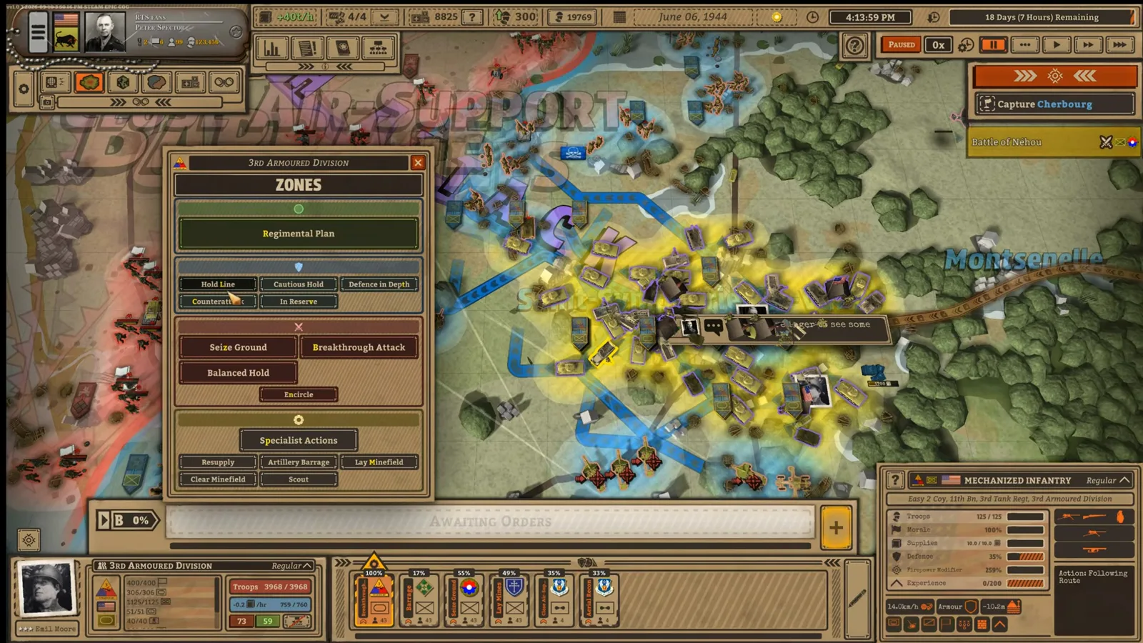 Battleplan 装甲师命令菜单显示 Breakthrough Attack 突破攻击选项，地图上可见穿过战线的推进计划。