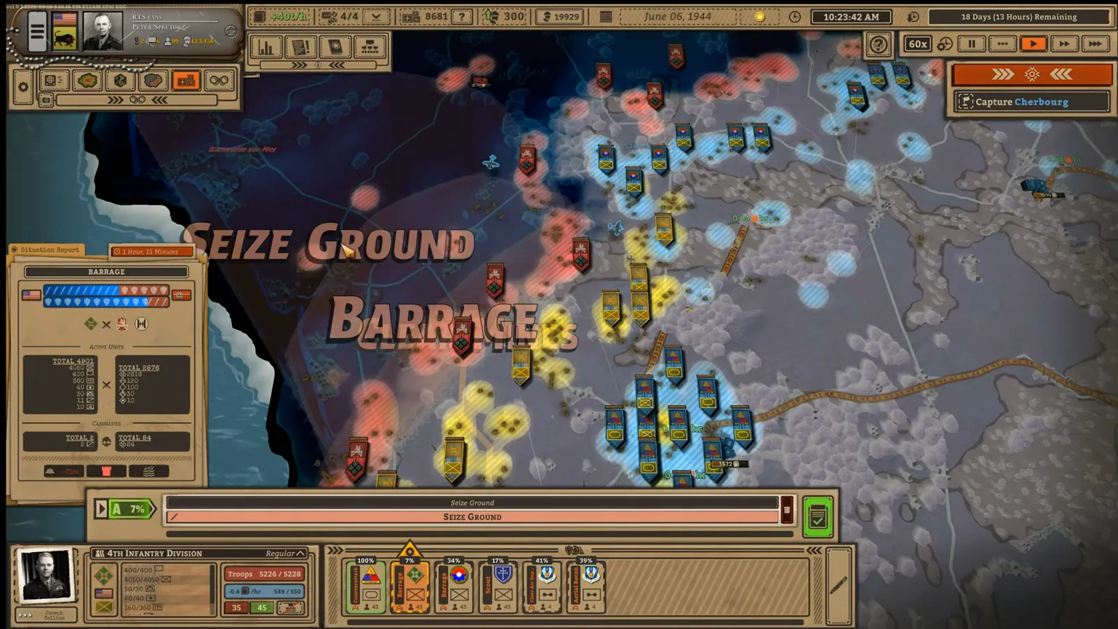 Battleplan 步兵编队在海岸战场上同时绘制 Seize Ground 夺取区域与 Barrage 炮击区域。