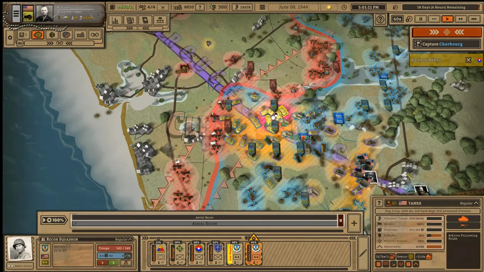 Battleplan 突破走廊旁显示坦克状态面板，两侧仍有敌方单位标记。