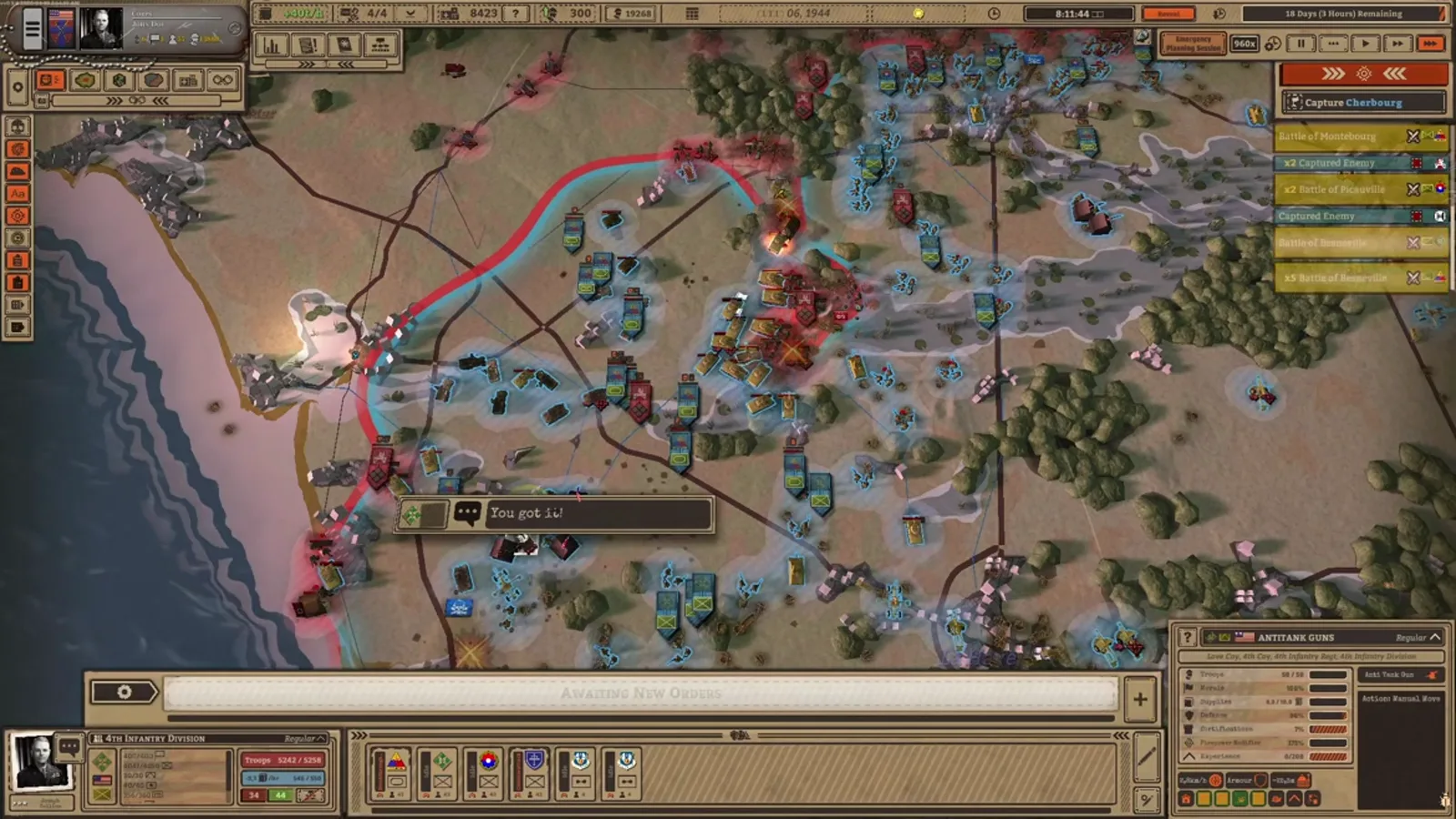 Battleplan coastal battlefield showing roads connecting villages behind the colored front line.