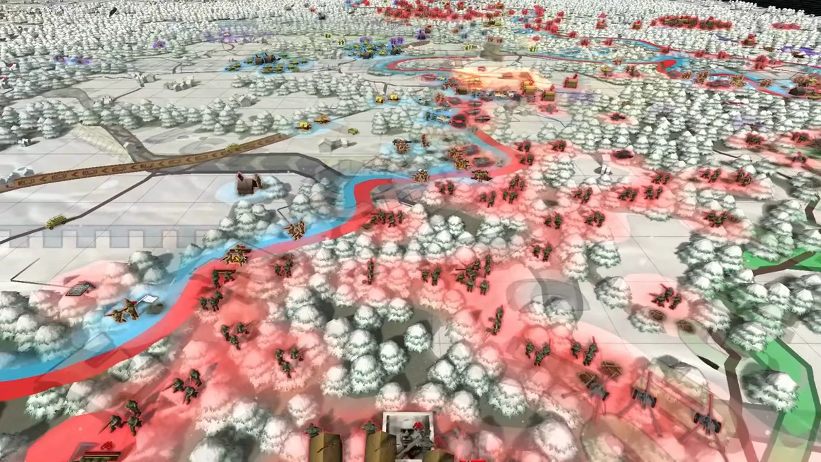Battleplan snow-covered terrain with roads, wooded areas, settlements, and a curved front line across the map.